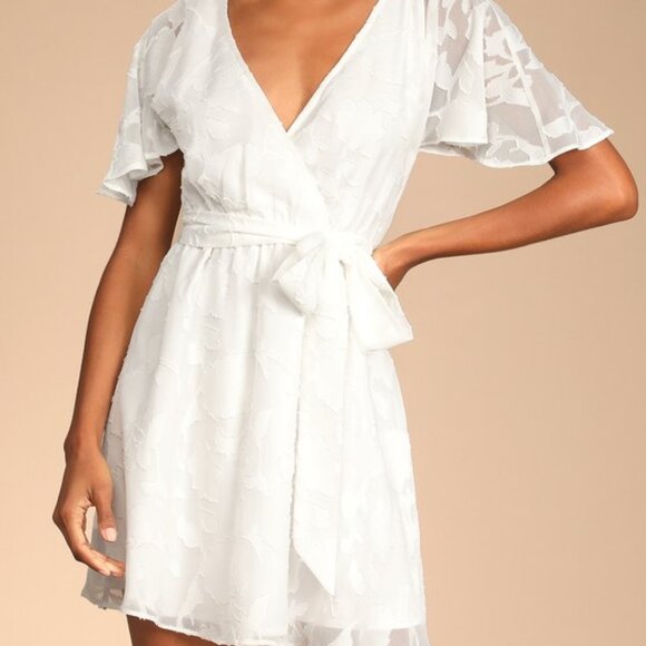 Lulus Flutter Forever White Burnout Jacquard Flutter Sleeve Mini Dress - Size XS - Picture 1 of 4